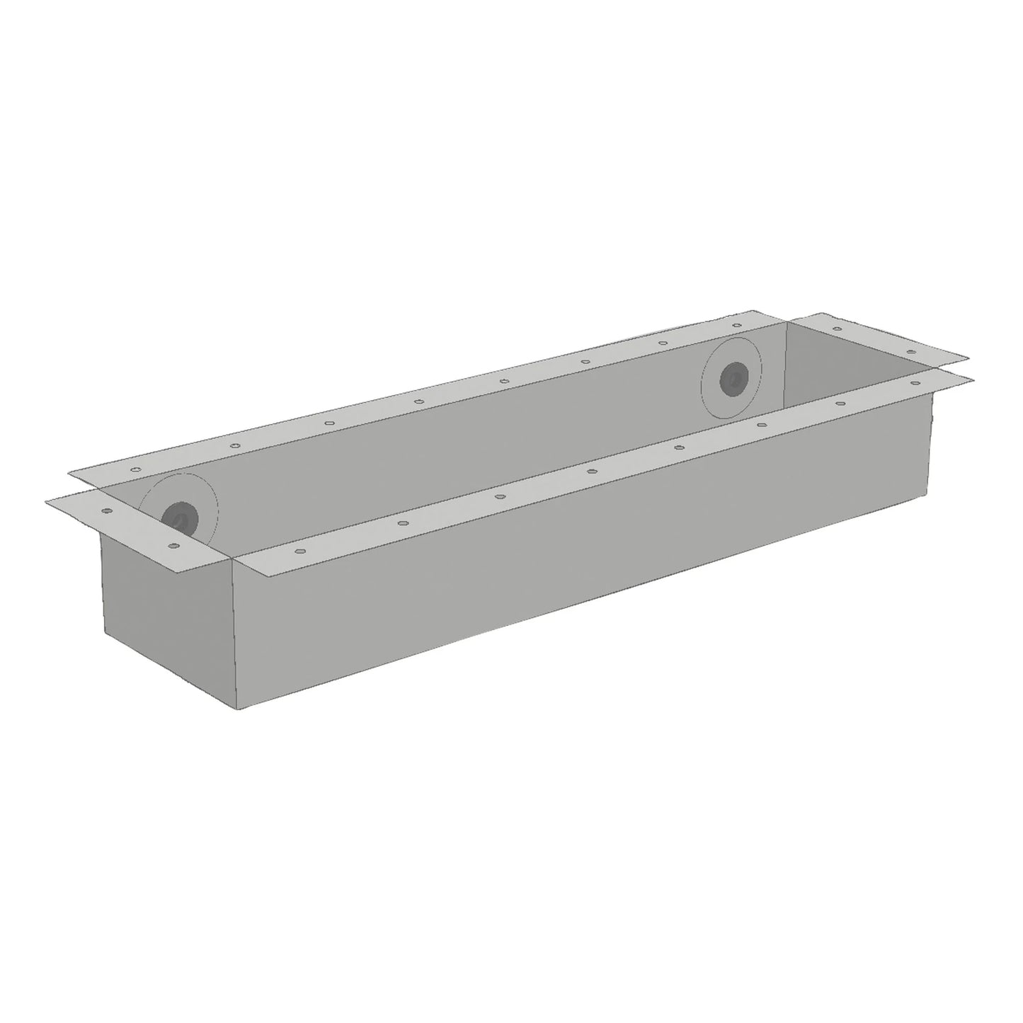 Atlantic Water Gardens custom grey flexible basin for spillways, measuring 108 inches wide, 48 inches deep, and 42 inches high.