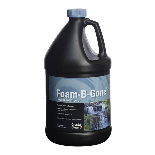 CrystalClear Foam-B-Gone foam remover in a 1-gallon container, with a label showing the product name and brand.