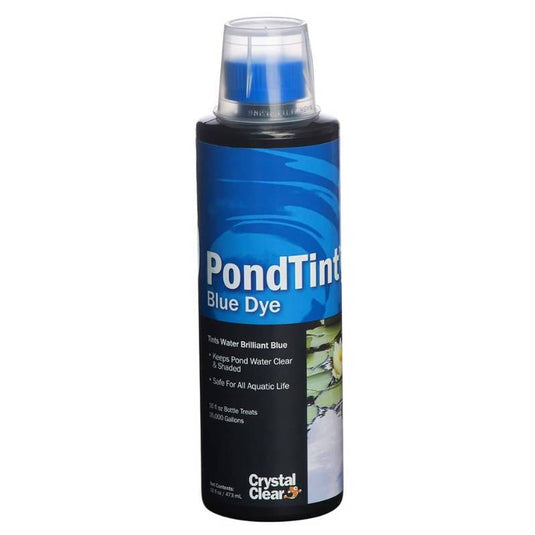 Blue CrystalClear PondTint water treatment solution in a container, designed to enhance pond water clarity and color.