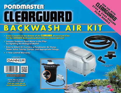 Danner Pondmaster Clearguard Backwash Air Kit without pump, includes hoses and fittings for pond filtration system.