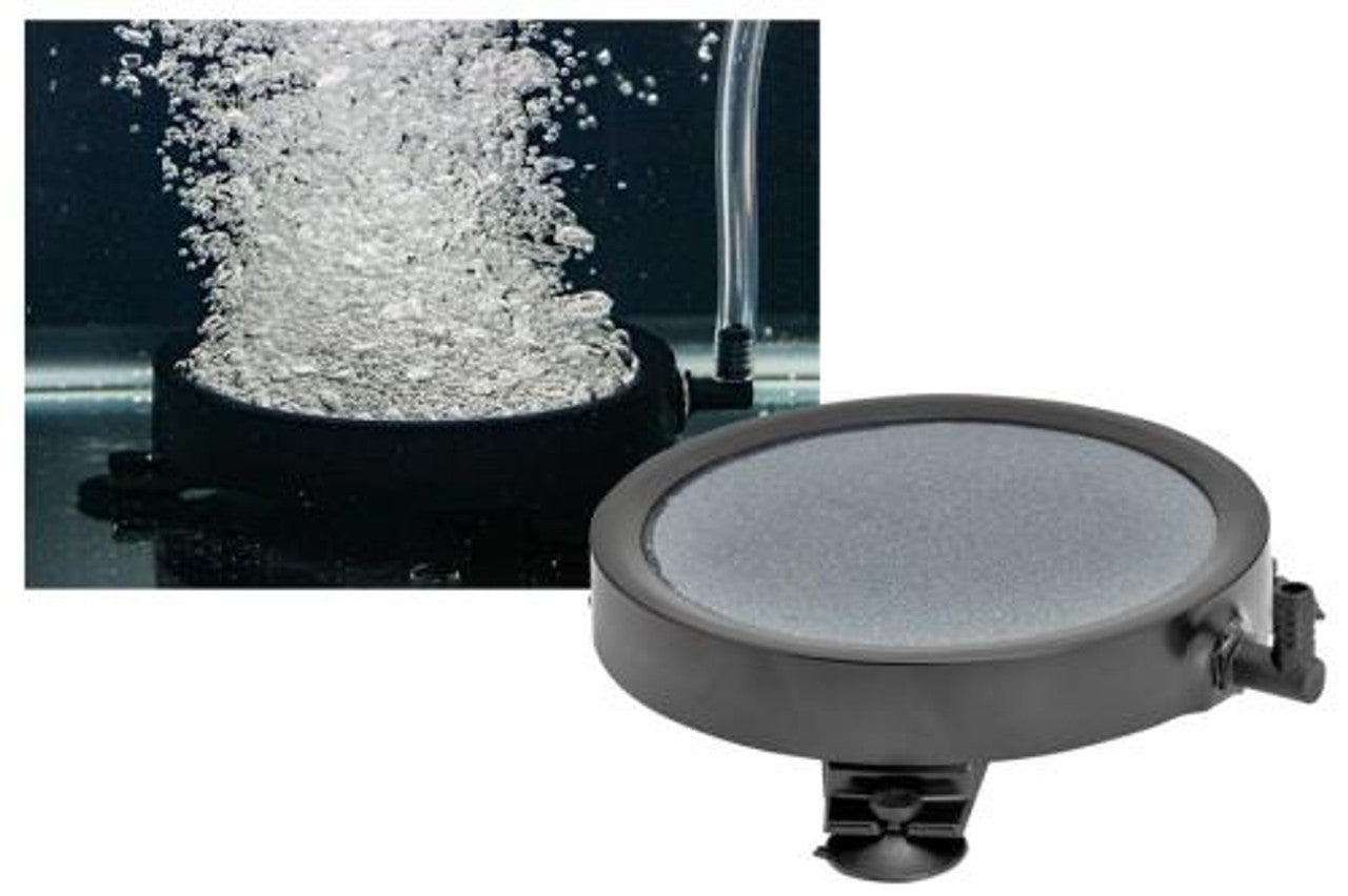 EcoPlus 4-inch round air stone disc for pond aeration, with porous surface for efficient oxygen diffusion in water.