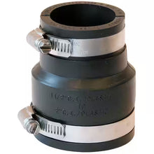 Reducing sewer coupler by Boshart Industries Inc., 1.5 x 2 inches, plastic to cast iron drainage fitting, adjustable for plumbing.