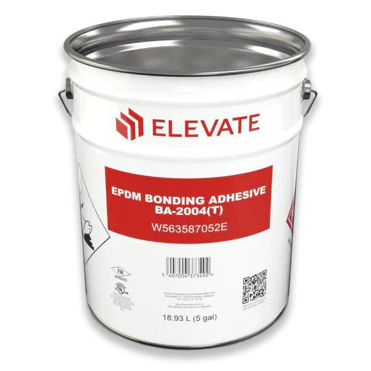 Firestone Elevate EPDM bonding adhesive in a 5-gallon container, used for installing roofing membranes.