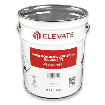 Firestone Elevate EPDM bonding adhesive in a 5-gallon container, used for installing roofing membranes.