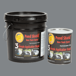 Gray Pond Armor non-toxic epoxy pond seal kit in a 3-gallon container, designed for pond waterproofing and repair.