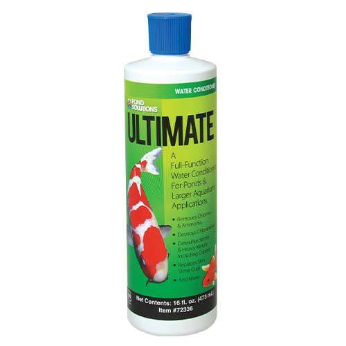 Hikari Ultimate Water Conditioner in 16 oz. bottle, used for pond water treatment and aquatic health, with a white label and blue cap.