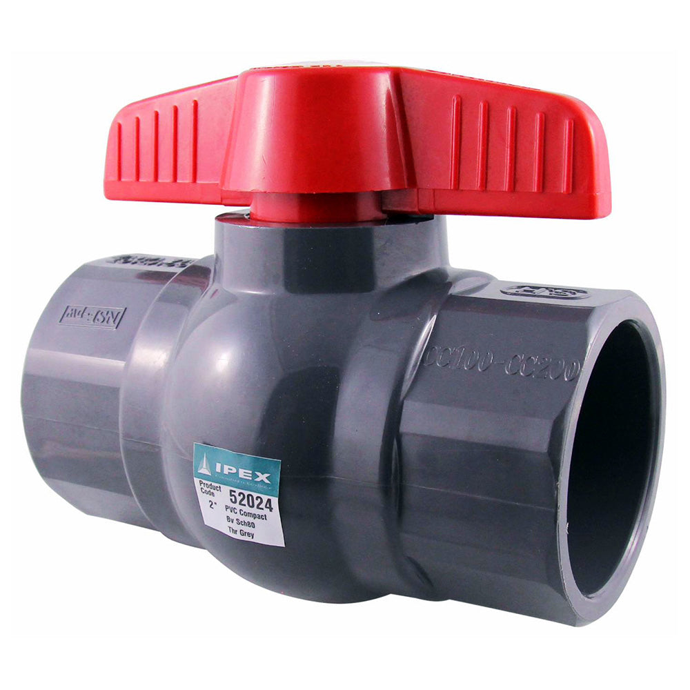 Ipex 2-inch MP Series Schedule 80 SxS ball valve with metal handle, durable PVC construction for industrial piping applications.
