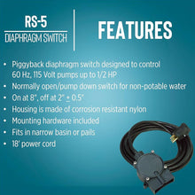 Little Giant RS 5 diaphragm switch with 18-foot cord, used for controlling pumps and water systems in industrial applications.