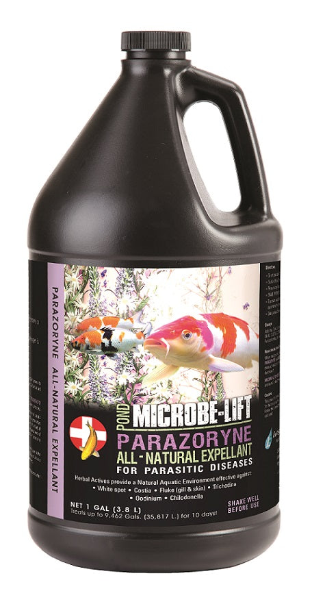 Microbe-Lift Parazoryne anti-parasite solution for aquatic plants and fish, showing a gallon bottle of Microbe-Lift product.