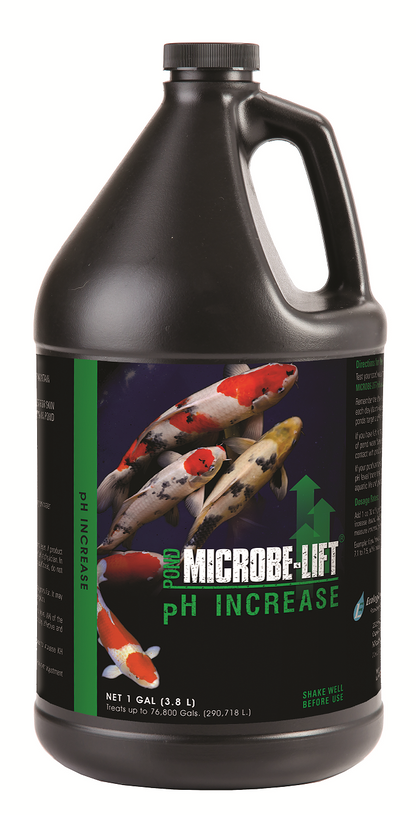 Microbe-Lift pH Increase solution in a 1-gallon bottle, used to raise pH levels in aquatic or pond environments.