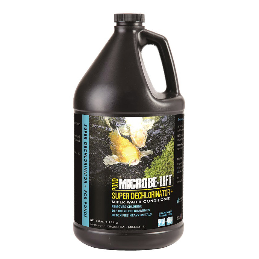 Microbe-Lift Dechlorinator Plus water conditioner in a 1-gallon bottle, used for water treatment and dechlorination.