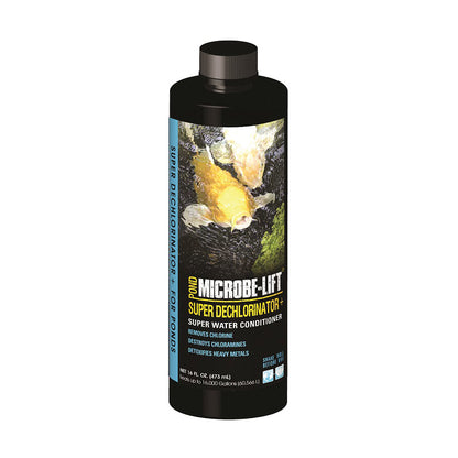 Microbe-Lift Dechlorinator Plus water conditioner in a one-gallon bottle, used for water treatment and dechlorination.