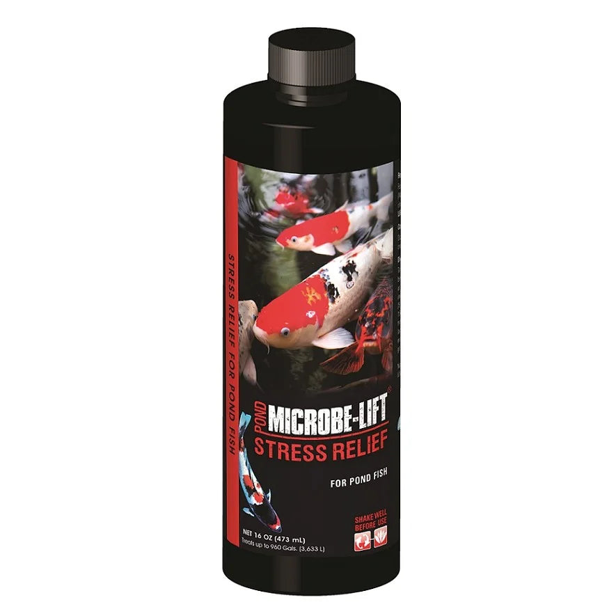 Microbe-Lift 16 oz. Stress Relief water treatment container with label, used for aquatic environment stress reduction.