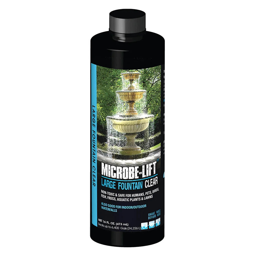 Microbe-Lift 16 oz. water treatment bottle for fountains, clear formula, with display box, designed for water clarity and cleanliness.