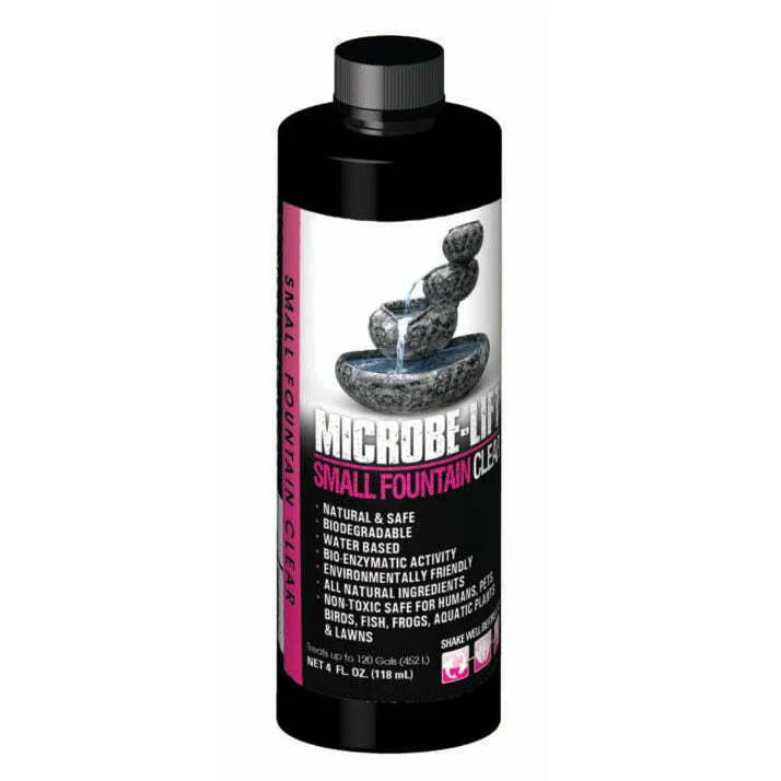 Microbe-Lift 4 oz water treatment for small fountains in clear bottle with free display box, used for water clarity and filtration.