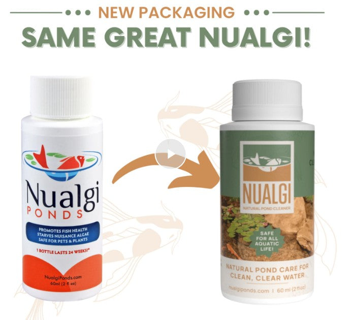 Nualgi Ponds 125ml bottle containing organic pond treatment solution for algae control and water clarity.