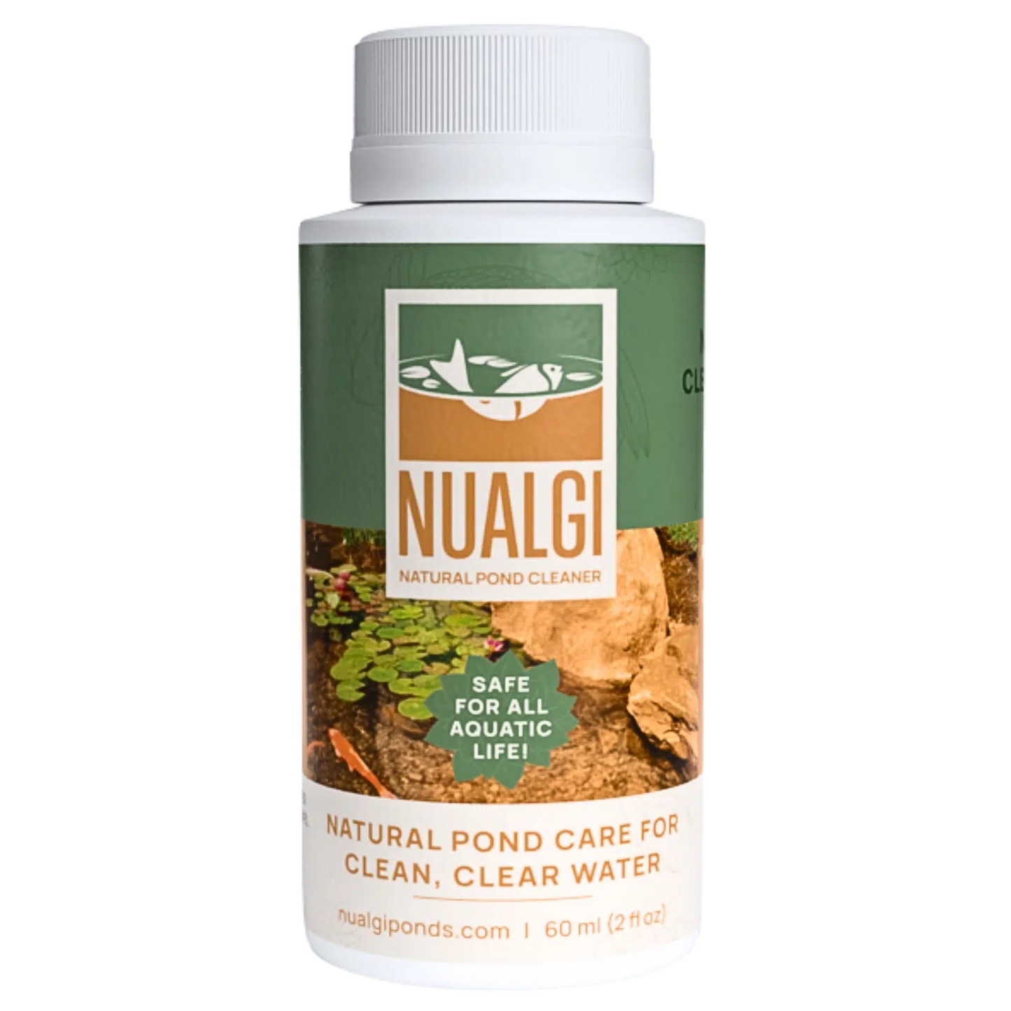 Nualgi Ponds 500ml bottle with blue cap and label, used for pond algae control and water quality improvement.