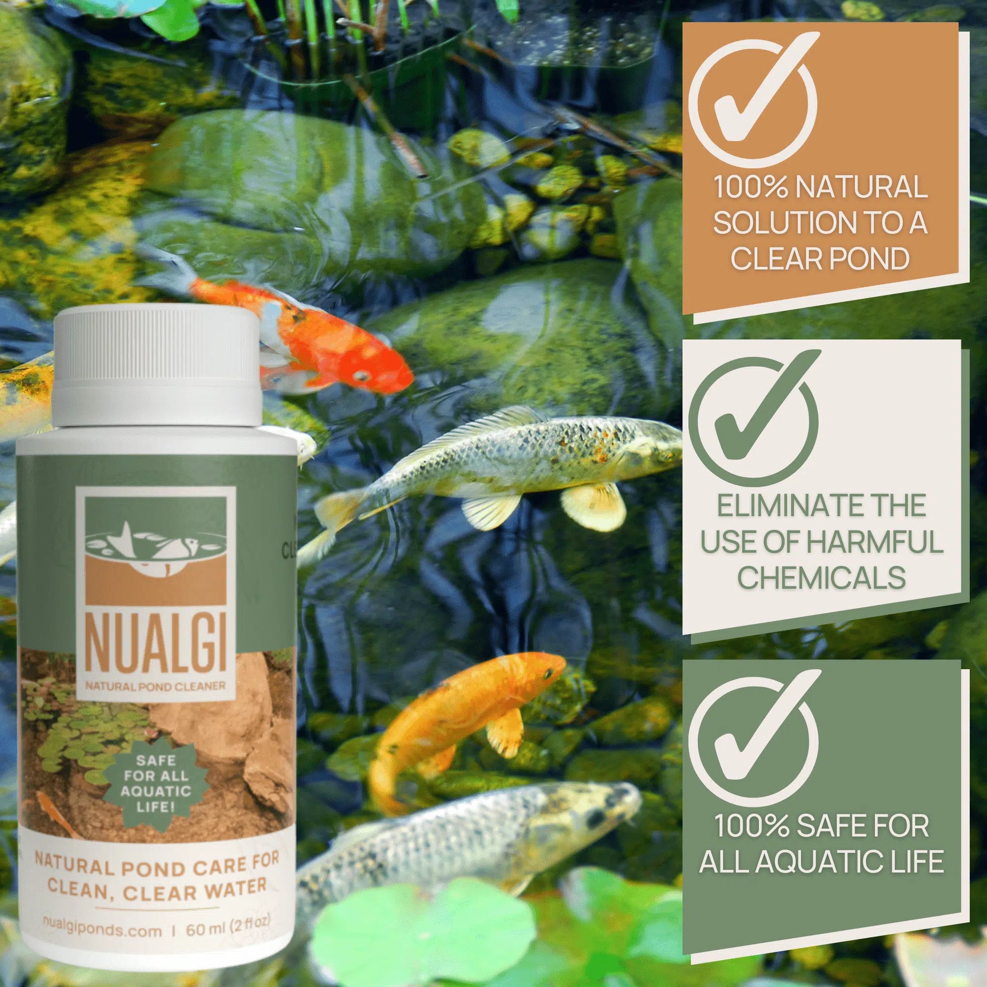 Nualgi Ponds 60ml bottle with clear label, containing liquid algae control solution for pond health and clarity.