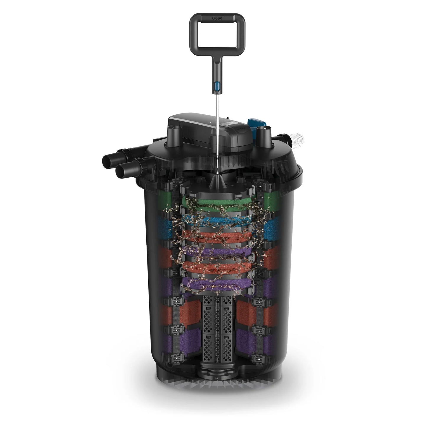 Oase FiltoClear 23500 pressure filter with 120W UVC for pond filtration, showing the filter unit with hoses and control panel.