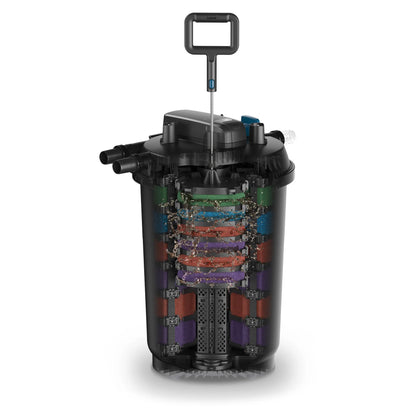 Oase FiltoClear 23500 pressure filter with 120W UVC for pond filtration, showing the filter unit with hoses and control panel.
