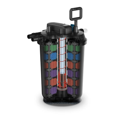 Oase FiltoClear 23500 pressure filter with 120W UVC for pond filtration, showing the filter unit and control panel.