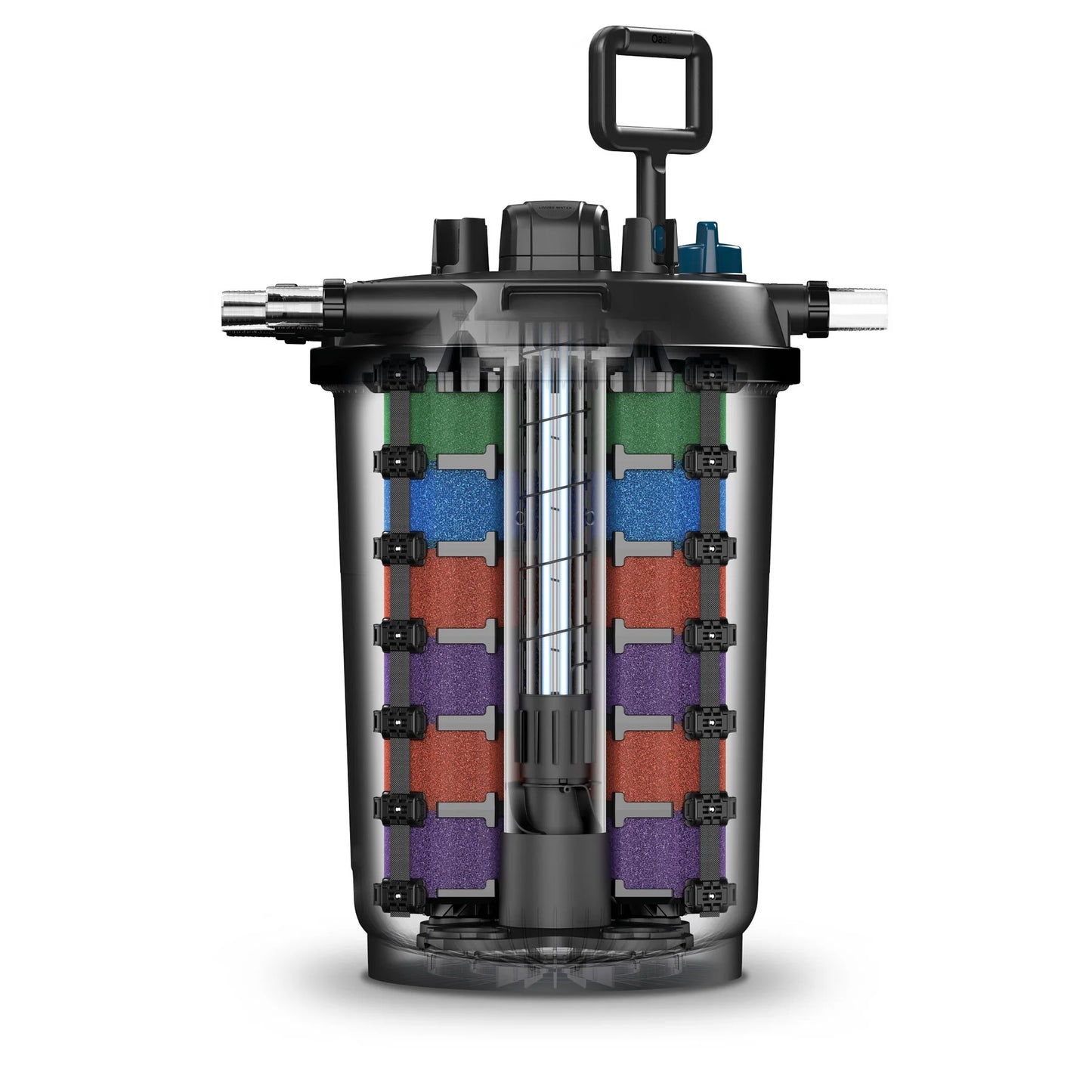 Oase FiltoClear 23500 pressure filter with 120W UVC for pond filtration, featuring clear housing and filtration media.