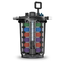 Oase FiltoClear 23500 pressure filter with 120W UVC for pond filtration, featuring clear housing and filtration media.