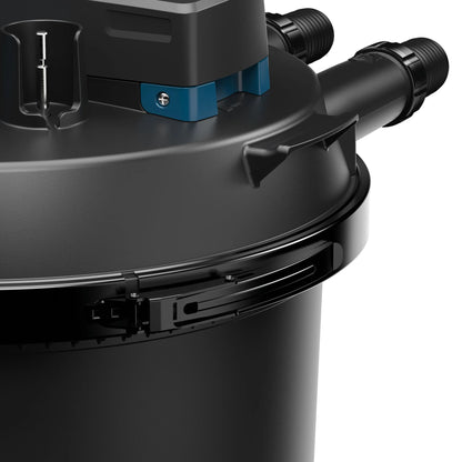 Oase FiltoClear 23500 pressure filter with 120W UVC for pond filtration, showing the filter unit with inlet and outlet connections