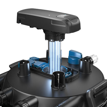 Oase FiltoClear 23500 pressure filter with 120W UVC for pond filtration, showing the filter unit with inlet and outlet connections.