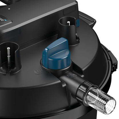Oase FiltoClear 23500 pressure filter with 120W UVC for pond filtration, showing the filter unit with inlet and outlet connections.
