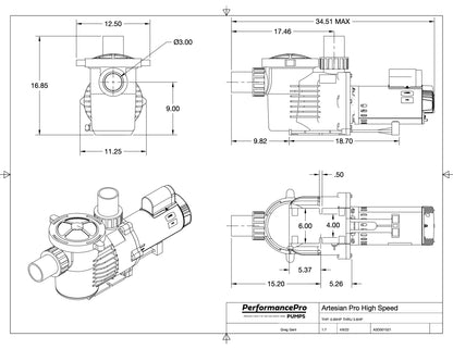 PerformancePro Pumps ArtesianPro High Head 5HP external pump with 16,500 GPH, 91.9’ head, 3600 RPM, 208-230V.