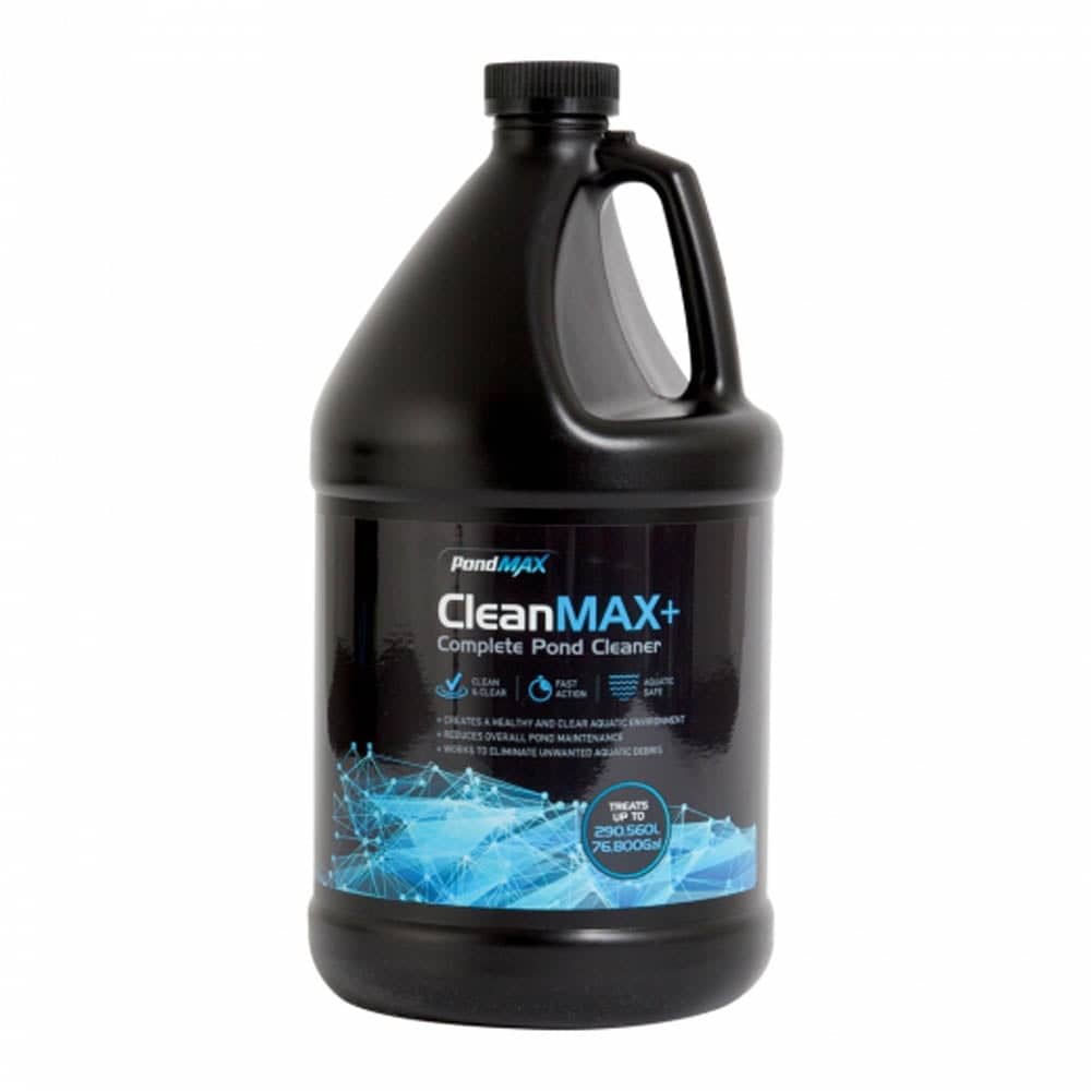 PondMax Cleanmax+ Complete Pond Cleaner in a 1-gallon container, designed for external pond cleaning and maintenance.