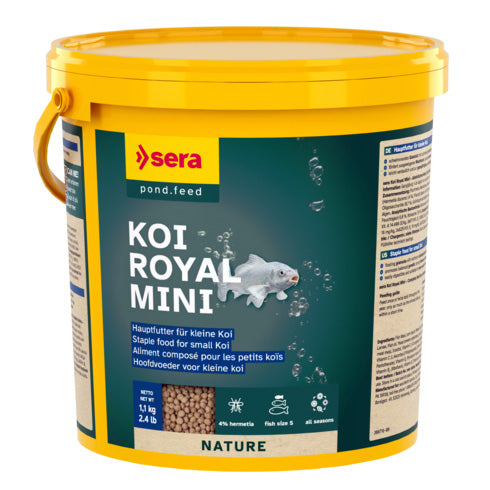 Sera Koi Royal Mini external vendor container with 3800 mL of koi pond fish food, branded by Sera.