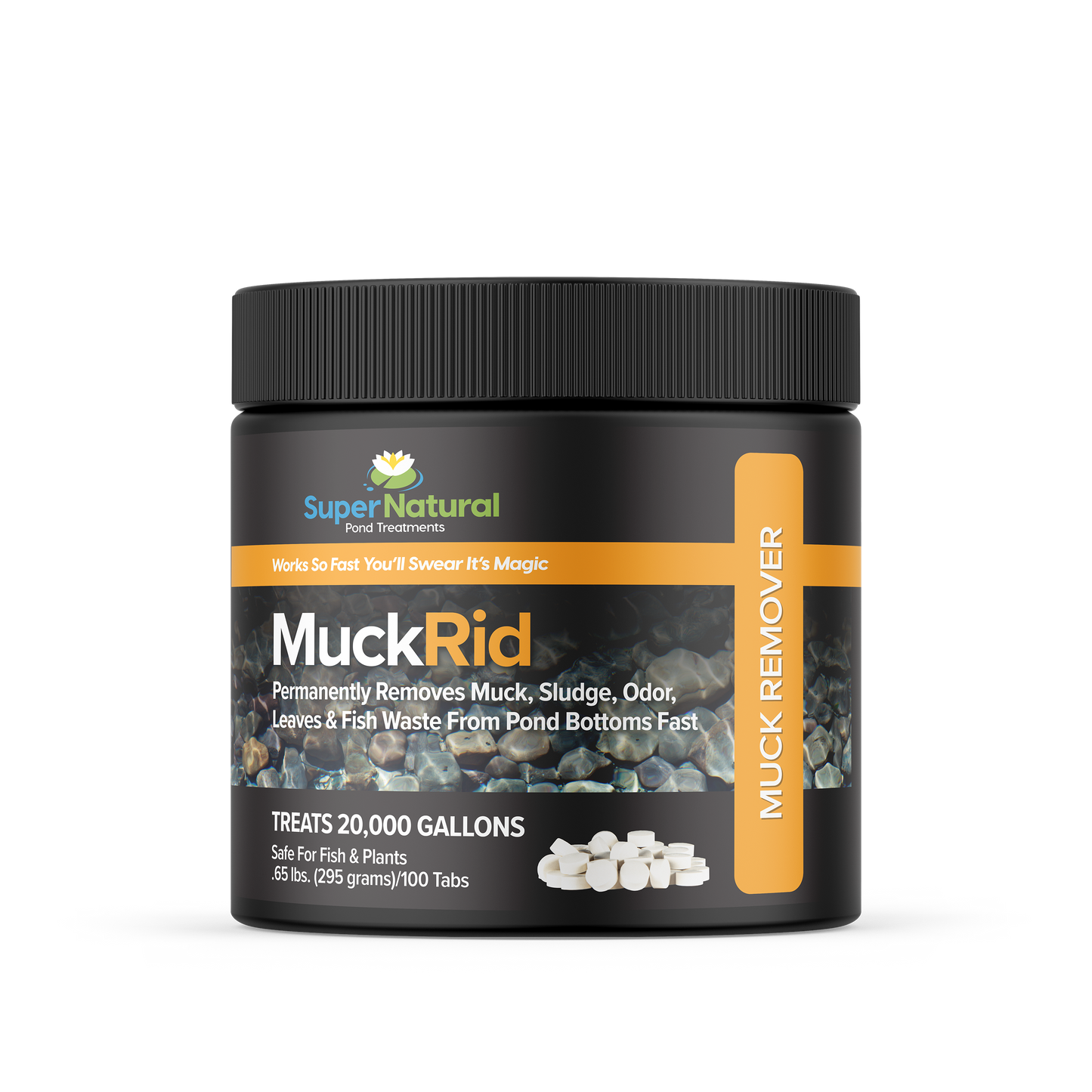 SuperNatural MuckRid water treatment tablets for pond and aquarium algae control, 100 tabs for effective cleaning.