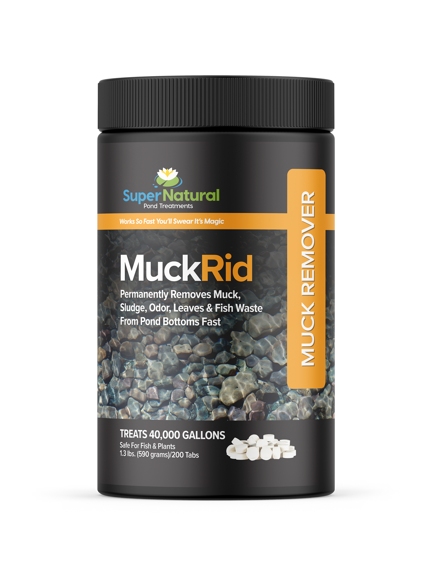 SuperNatural MuckRid water treatment tabs in a container, designed to reduce sludge and improve pond water clarity.