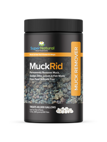 SuperNatural MuckRid water treatment tabs in a container, designed to reduce sludge and improve pond water clarity.