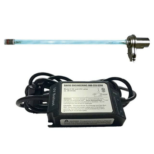 Savio 55-Watt stainless steel UV clarifier and ionizer system for pool water purification, model SUV2800HO, with digital controls.