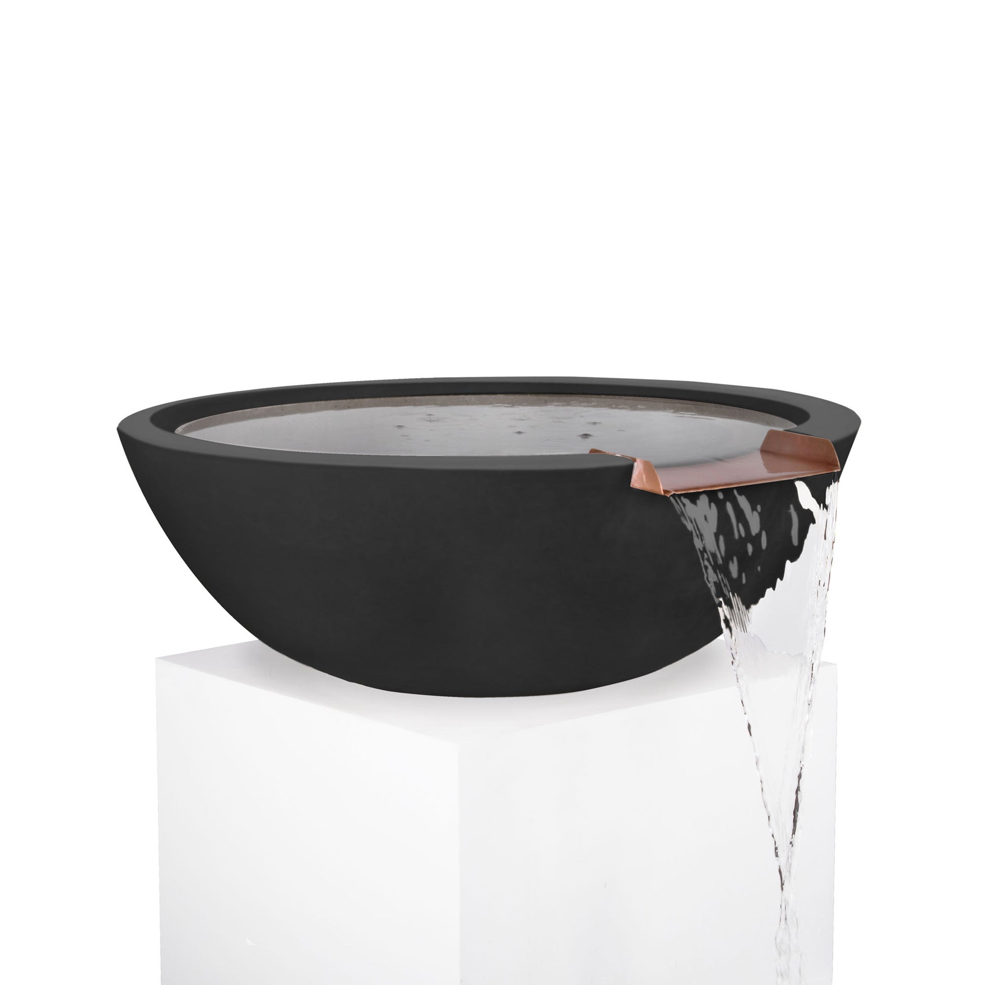 33-inch Sedona GFRC fire bowl by THE OUTDOOR PLUS with black finish, smooth flow water fitting, and copper spillway for outdoor water features.