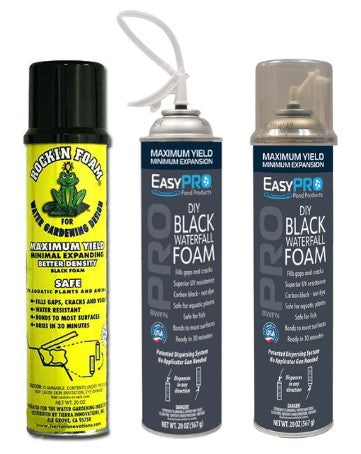 Black Waterfall Foam installation spray can by Rockin Foam, 20 oz., used for sealing and insulation in construction projects.